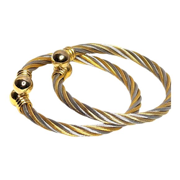 Set of 2 Two Tone Twisted Gold Silver Bracelets Celtic Stainless Steel Cuffs - Picture 3 of 6